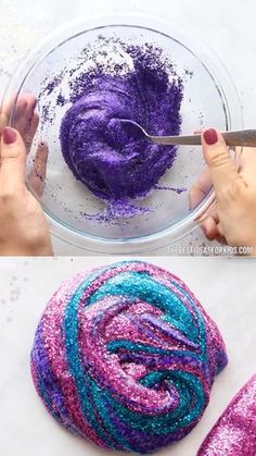 the process for making glitter yarn is shown in two different pictures, one with purple and blue sprinkles