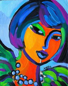 an abstract painting of a woman with blue hair and green leaves on her head, wearing a necklace