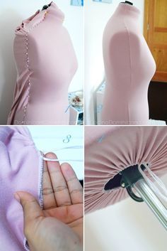 the process of making a pink dress with sewing thread and scissors, including an unzipped mannequin