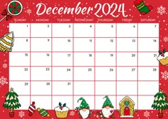 a december calendar with christmas decorations and santa clause on the front, in red background