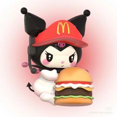 a cartoon character holding a hamburger and wearing a mcdonalds hat on it's head