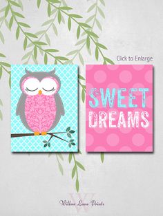 an owl is sitting on a branch with the words sweet dreams in pink and green