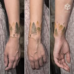 three different views of the same person's arm with trees on it