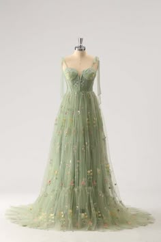 Green Floral A-line Long Formal Dress with Shoulders