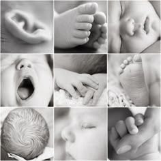 black and white images of babies with their hands on the baby's feet,