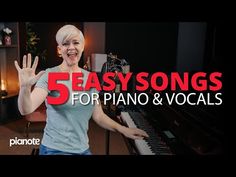 a woman sitting in front of a piano with the words 5 easy songs for piano and vocal