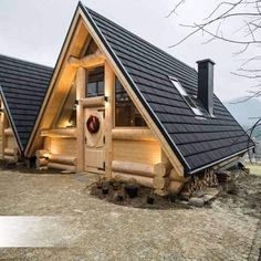 two log cabins with windows and lights on the roof