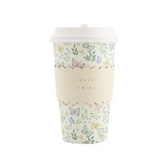 a coffee cup with the words hello spring printed on it and butterflies in pastel colors