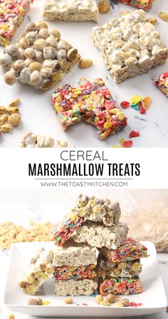 cereal marshmallow treats stacked on top of each other with the title overlay