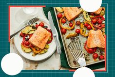 two plates with fish and vegetables on them next to a pan filled with potatoes, tomatoes and other foods