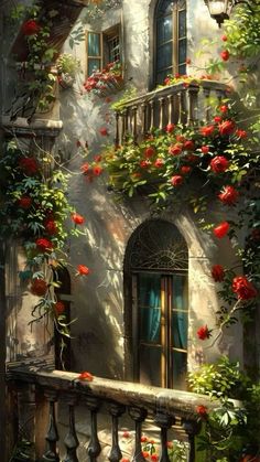 an artistic painting of a balcony with red flowers and greenery on the balconies