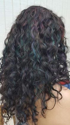 My oil slick curls. Fabulous color for dark hair! Colourful Curly Hair Ideas, Oil Slick Hair Color Curly, Oil Slick Curly Hair, Fall Highlights Dark Hair, Haircut And Color Ideas For Dark Hair, Oil Spill Hair Curly, Blue Hair Curly Natural, Dark Natural Hair Color Ideas, Blue Highlights Curly Hair