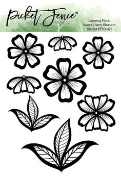 some flowers and leaves are drawn in black ink on a white background with green watercolor