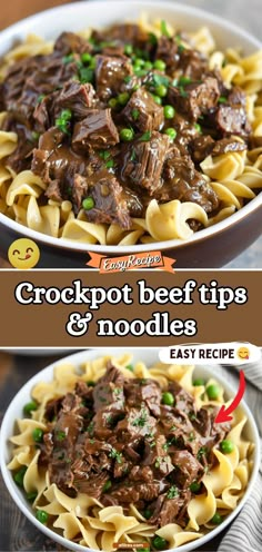 a bowl filled with beef and noodles on top of a wooden table