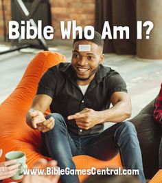 three people sitting on orange couches with the words bible who am i?