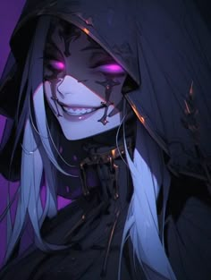 an anime character with white hair and purple eyes wearing a hoodie over her head