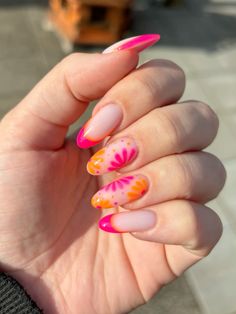 Roze met oranje zomer nagels Preppy Nails, Future Nails, Orange Nail Designs, Short Gel Nails, Elegant Nails, Nail Bar