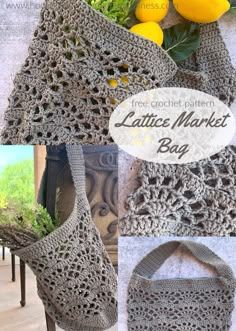 the crochet market bag is shown with lemons