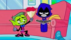 an animated image of two cartoon characters in the living room, one holding a bouquet of flowers