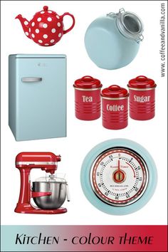 the kitchen items are red and white with polka dots on them, including an old fashioned mixer