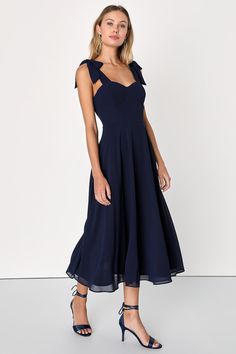 Navy Blue Dress - Tie-Strap Midi Dress - A-Line Midi Dress - Lulus Blue Formal Dress With Adjustable Straps, Party Dresses With Tie Straps And Strappy Shape, Elegant Strappy Dress With Tie Straps, Sweetheart Neckline Midi Dress With Tie Straps For Party, Party Midi Dress With Sweetheart Neckline And Tie Straps, Elegant Midi Dress With Bow Straps For Brunch, Elegant Strappy Dress With Knotted Straps, Formal Midi Dress With Tie Straps, Elegant Blue Midi Dress With Adjustable Straps