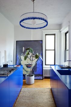 a blue kitchen with an art work on the wall and potted plant in the center