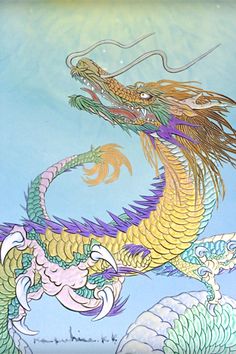 a painting of a dragon with two smaller ones on it's back and wings