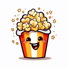 a cartoon popcorn bucket with smiling face and stars around it's rim, on a white background