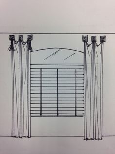 a drawing of an open window with curtains on either side and the top half drawn