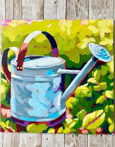 a painting of a blue watering can