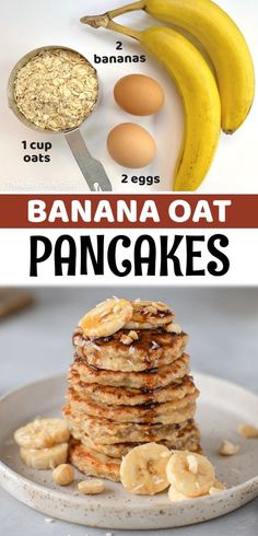 three ingredient banana oat pancakes are stacked on a plate with bananas and other ingredients