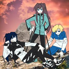 three anime characters standing on top of a rocky hill in front of a cloudy sky