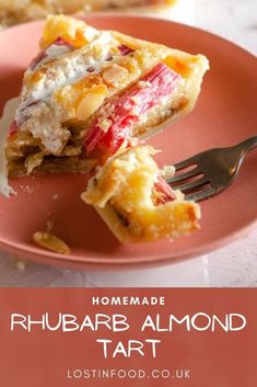 homemade rhubarb almond tart on a pink plate with a fork