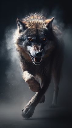 a wolf running through the air with its mouth open