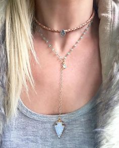 Druzy and Chrysoprase Lariat Necklace!! #Druzy #druzynecklace #lariat #arrowhead #chrysoprase #ynecklace #layering #neckcandy #druzyarrowhead #bohochic #bohojewelry #jewelryporn #instajewelry #instafashion #boholove #hippiechic #meesajewels by melham420 Arrowhead Necklace, Druzy Necklace, Neck Choker, Rosary Chain, Chain Gold, Lariat Necklace, Hippie Chic, Custom Necklace, Rosary