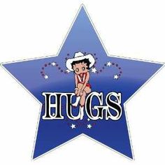 a blue star with the word hugs on it and a cartoon girl in a cowboy hat