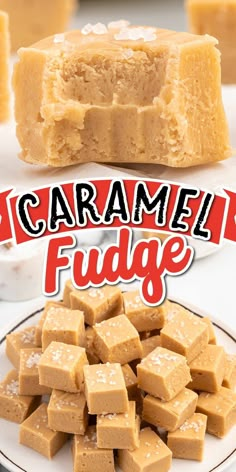 caramel fudge on a white plate with text overlay