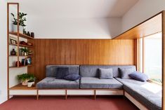 a couch sitting in front of a window next to a wooden shelf filled with potted plants