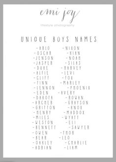 the unique boys names are shown in this printable poster, which is also available for purchase