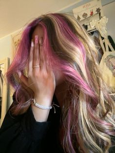 Hair Color Ideas For Brunettes Color, Pink And Brown Highlights In Black Hair, Brown Hair Pink And Blonde Highlights, Good Highlight Colors For Brown Hair, Brunettes With Pink Highlights, Different Dyed Hair Colors, Highlight Tips Of Hair, Skunk Hair On Blonde, Pink Highlights With Brown Hair