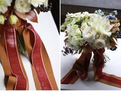 two pictures of wedding bouquets with ribbons and flowers on the bottom one is white and orange