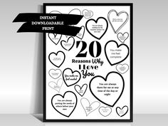 a card with hearts and the words 20 reasons why i love you