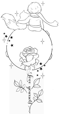 a black and white drawing of a rose with stars