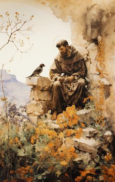 a painting of a man sitting on top of a rock next to flowers and a bird