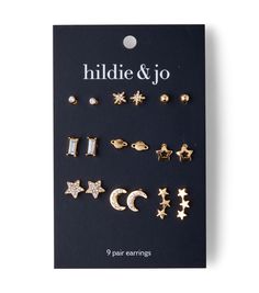 Adorn Your Little Girl with the Celestial Earrings by hildie & joMake your little girl feel like a star with the hildie & jo Celestial Earrings This pack includes eight pairs of stud earrings shaped like stars, the crescent moon, planets, and more It also comes with a pair of star - inspired drop earrings that will add a touch of elegance to any outfit Your little girl will love wearing these earrings and showing off her unique styleThese earrings are made with high - grade metal, ensuring they Celestial Earrings, Joanns Fabric And Crafts, Accessories Jewelry Earrings, Sensitive Ears, Crescent Moon, Craft Stores, Post Earrings, High Grade, Crescent