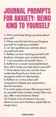 Explore these thoughtful journal prompts designed to help you show kindness and compassion to yourself during moments of anxiety. Use these writing exercises to practice self-care, foster self-compassion, and cultivate a positive mindset. Take some time for introspection and reflection as you work through these prompts for mental wellbeing. Embrace the power of journaling as a tool for managing anxiety and promoting emotional wellness. Start your journey towards self-acceptance and inner peace w Positive Self Talk Journal Prompts, Self Acceptance Journal Prompts, How To Practice Mindfulness, Year Journal Ideas, Self Compassion Exercises, Being Kind To Yourself, Journals Ideas, Mindfulness Journal Prompts, Show Kindness