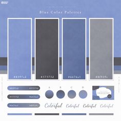 the blue color palettes are arranged in different colors and sizes, including black, gray, white, and grey