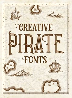 an old book cover with pirate font and illustrations on the front, in brown ink