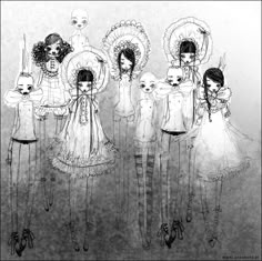 three girls in dresses with skulls on their heads and one girl wearing a skeleton headdress