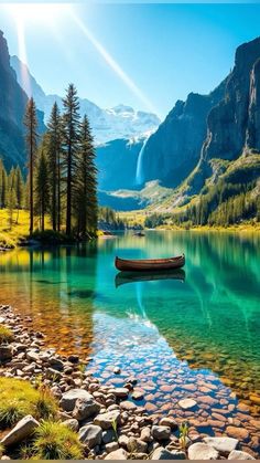 a boat floating on top of a lake surrounded by mountains and trees in the background